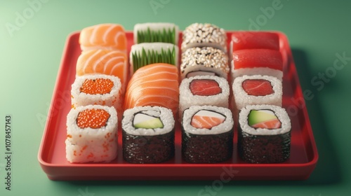 Sushi on a plate with chopsticks, featuring salmon, seaweed, and rice, a traditional Japanese dish, fresh and delicious, perfect for a solo dinner or lunch