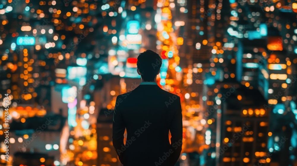 Business Professional Overlooking a Vibrant Cityscape at Night, Illuminated by Urban Lights, Symbolizing Ambition and Future Opportunities Business Professional Overlooking a Vibrant Cityscape at Night, Illuminated by Urban Lights, Symbolizing Ambition and Future Opportunities