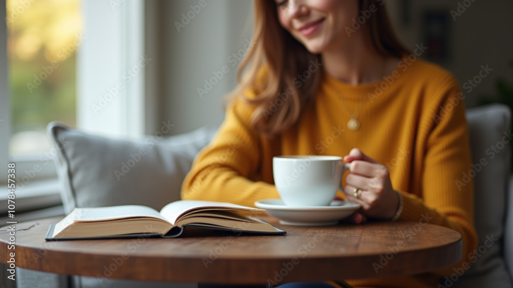 Woman enjoying a cup of coffee while reading a book Woman enjoying a cup of coffee while reading a book