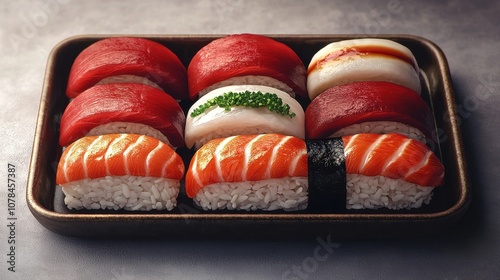 A delicious sushi platter with fresh salmon, seafood, cheese, vegetables, and bread, offering a healthy, flavorful Japanese appetizer for lunch or dinner