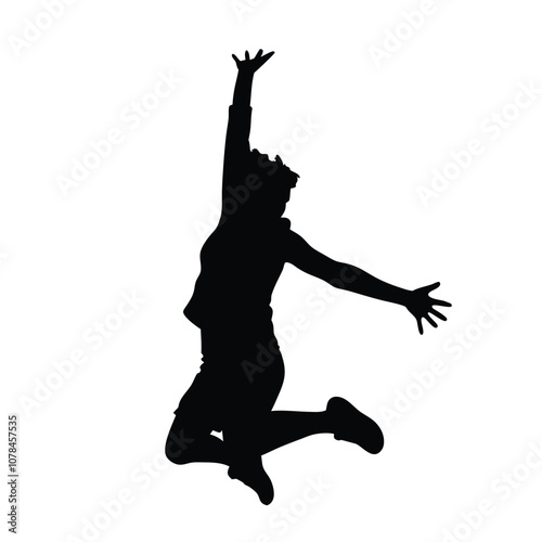 A person is jumping in the air. The person is wearing shorts and a shirt