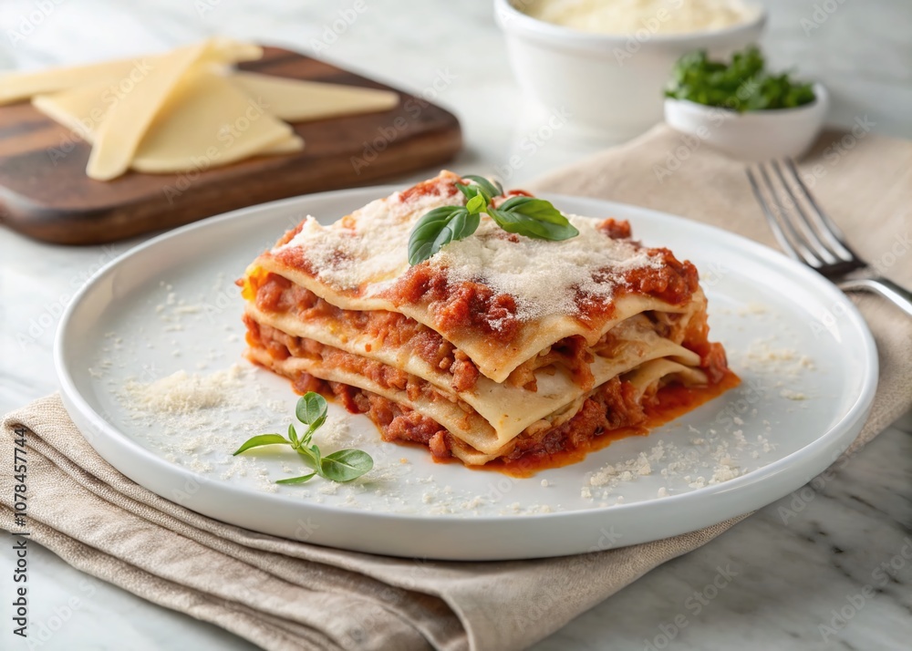 Captivating Minimalist Lasagna Photography Showcasing Layers of Flavor and Texture in a Simple, Elegant Presentation on a Clean Background for Culinary Enthusiasts Captivating Minimalist Lasagna Photography Showcasing Layers of Flavor and Texture in a Simple, Elegant Presentation on a Clean Background for Culinary Enthusiasts