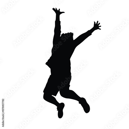 A person is jumping in the air. The person is wearing shorts and a shirt