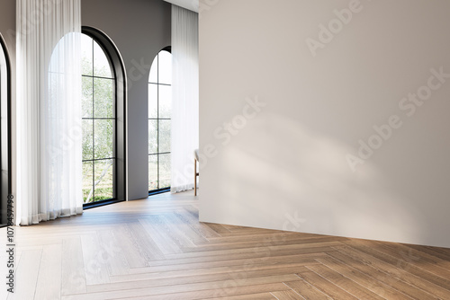 Modern interior design of apartment, dining room with table and chairs, kitchen, empty living room with white wall, panorama, yard, aches.