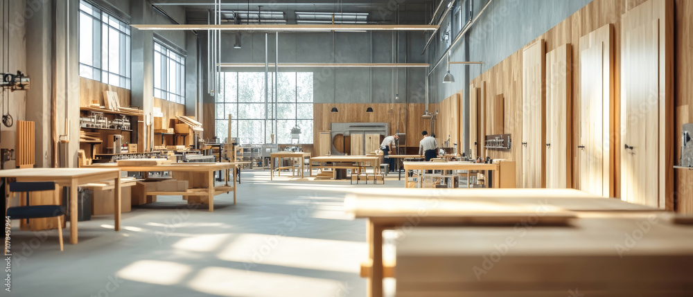 Spacious carpentry workshop featuring wooden worktables, bright lighting, and skilled craftsmen engaged in woodworking activities Spacious carpentry workshop featuring wooden worktables, bright lighting, and skilled craftsmen engaged in woodworking activities