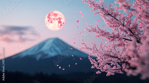 Cherry blossoms blooming under a blue sky with mountains, clouds, and the sun setting, creating a serene landscape with nature’s beauty during the summer and winter seasons