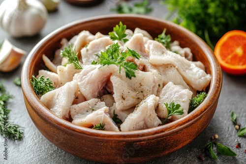 Prepped beef tripe with veggies and herbs in a bowl ready to cook photo