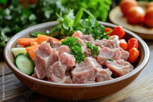 Prepped beef tripe in a bowl with veggies and herbs ready to cook photo