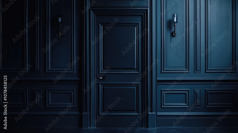Elegant Dark Wall with Door and Classic Light Fixtures in a Stylish Interior Featuring Rich Textures and Deep Blue Tones for Modern Home Decor Inspiration Elegant Dark Wall with Door and Classic Light Fixtures in a Stylish Interior Featuring Rich Textures and Deep Blue Tones for Modern Home Decor Inspiration