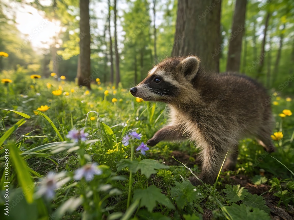 Fototapeta premium Captivating Moments of a Young Raccoon Exploring Nature in a Lush Forest Environment, Showcasing its Curiosity and Playful Behavior Amidst Vibrant Greenery and Wildlife
