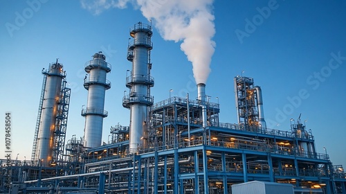 Industrial plant with tall chimneys and steam rising against a blue sky.