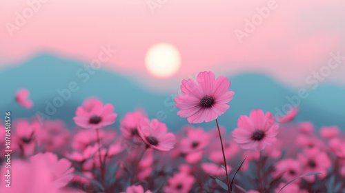 Beautiful pink cosmos flowers blooming in a field with vibrant petals under the sky