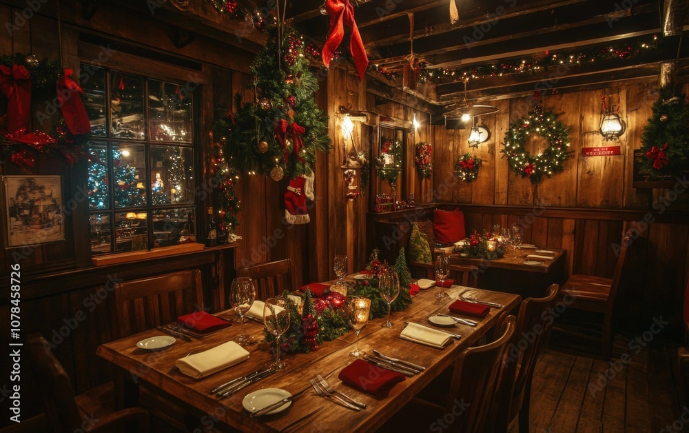 Family Christmas Dinner in a Rustic Restaurant Wooden table setting in a cozy restaurant with holiday decorations, warm lighting, and families gathered for Christmas dinner - Family Christmas Dinner in a Rustic Restaurant Wooden table setting in a cozy restaurant with holiday decorations, warm lighting, and families gathered for Christmas dinner -