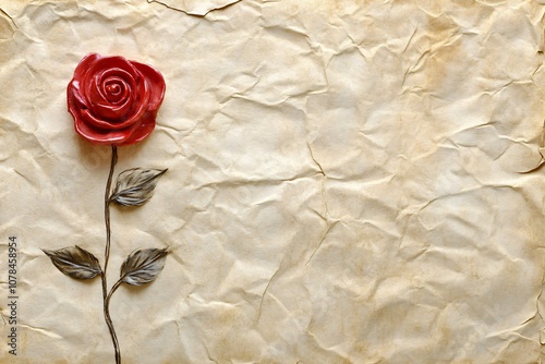 Delicate Red Rose Sculpture on Crumpled Vintage Paper Background, Perfect for Romantic Themes, Art Projects, or Nature-Inspired Designs