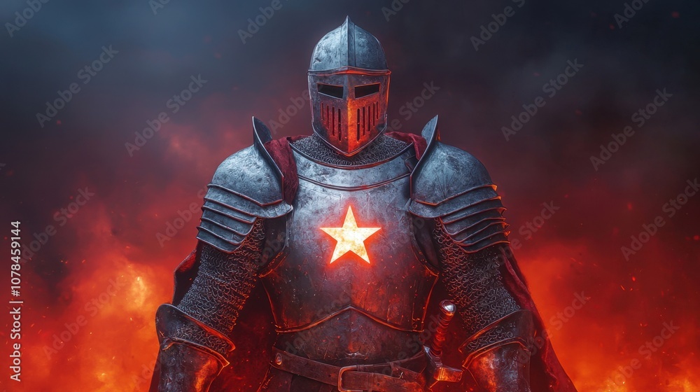 A medieval knight in armor, wearing a helmet and holding a sword and shield, ready for battle, with historical, ancient, and protective elements in a lone, imaginative scene