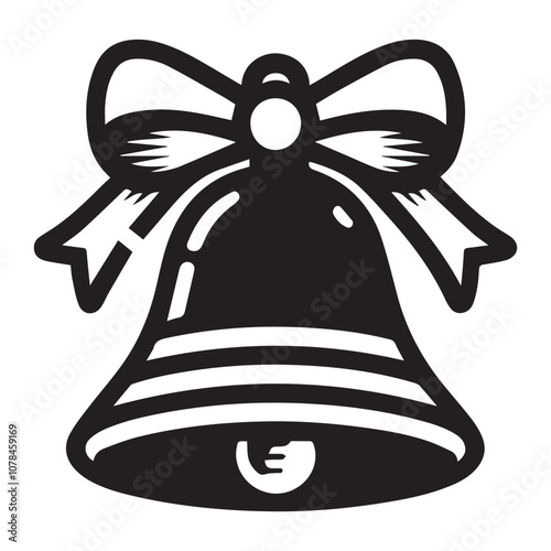 Festive Bell with Bow: A Classic Holiday Symbol. A simple, bold, black and white illustration of a bell with a ribbon tied in a bow at the top.