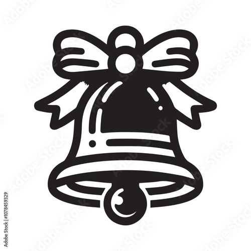 Festive Bell with Bow: A Classic Holiday Symbol. A simple, bold, black and white illustration of a bell with a ribbon tied in a bow at the top.