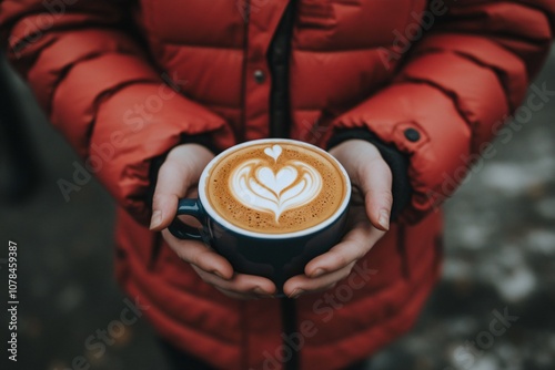 Warm and Cozy Coffee Experience: Hands Holding a Beautifully Crafted Latte Design in a Blue Mug Against a Wintery Background