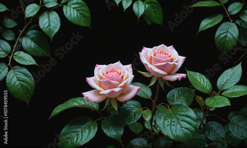 Two pink roses bloom against a dark backdrop, their petals unfurling in the afternoon sun