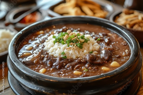 Red bean porridge with rice cake enjoyed during the Winter Solstice Festival photo