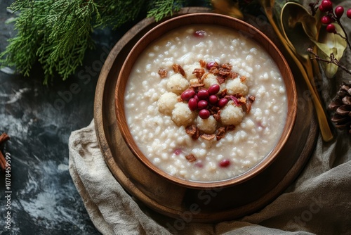 Red bean porridge with rice cakes enjoyed during the Winter Solstice Festival with space for text photo