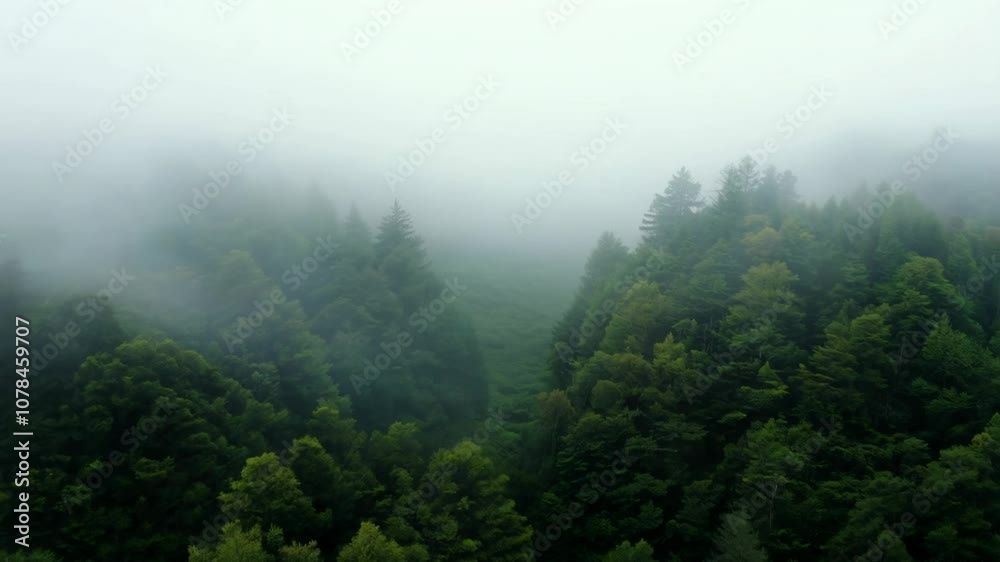 Aerial view of a misty forest with green trees, creating a mysterious atmosphere. Aerial view of a misty forest with green trees, creating a mysterious atmosphere.