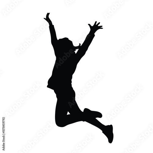 A woman is jumping in the air. She is wearing a black shirt and black pants