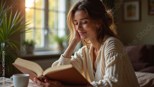 Young woman enjoying reading a book in a cozy setting.