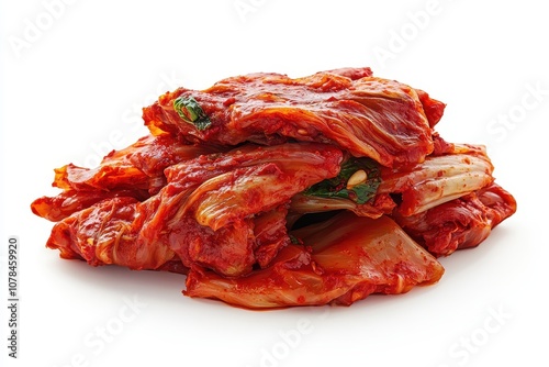 Red spicy kimchi fermented napa cabbage traditional Korean winter dish white background photo