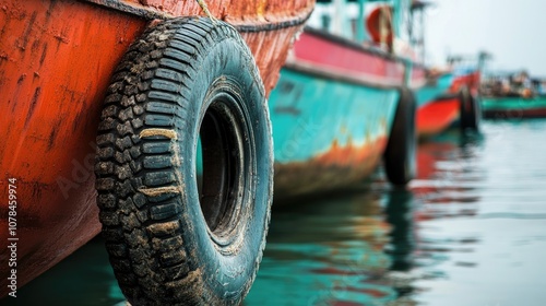 Fishing boats equipped with tire fenders are docked in the port, patiently waiting for the sea. The scene captures the essence of fishing boats, creating a calming atmosphere with ample copy space. photo