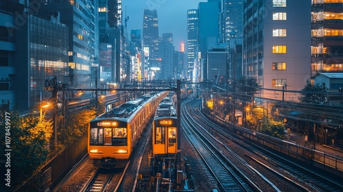 A train travels through a dense urban cityscape at dusk, with tall buildings and a network of tracks, signifying modern transportation and urban life.