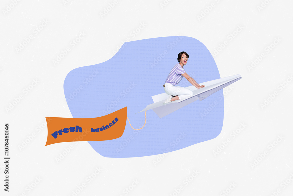 Composite photo collage of happy girl fly paper plane fresh business startup development founding job isolated on painted background Composite photo collage of happy girl fly paper plane fresh business startup development founding job isolated on painted background