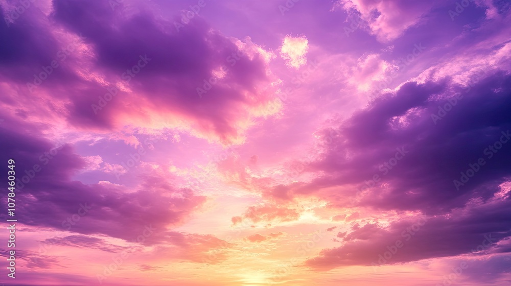 Obraz premium Dramatic sunrise illuminates the sky with vibrant purple and pink clouds, creating a stunning display of colors in the early morning. Ideal for backgrounds with ample copy space.