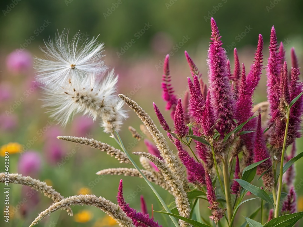 Obraz premium Captivating Panoramic View of Milkweed Seeds Resting on Vibrant Foxtail Amaranth Flowers in a Serene Natural Setting with Soft Focus Background