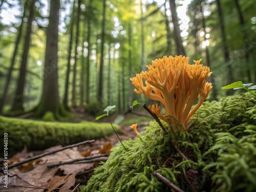 Captivating Panoramic View of Clavulinopsis Fusiformis in Its Natural Habitat, Showcasing the Unique Shape and Vibrant Colors of This Fascinating Fungus Species photo