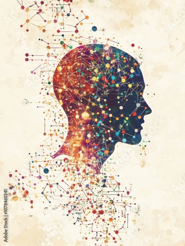 A human silhouette is illustrated, filled with vibrant molecules and scientific diagrams, symbolizing knowledge and discovery. Generative AI