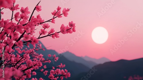 Blossoming Cherry Trees in Spring at Sunset with Pink Flowers and Sky