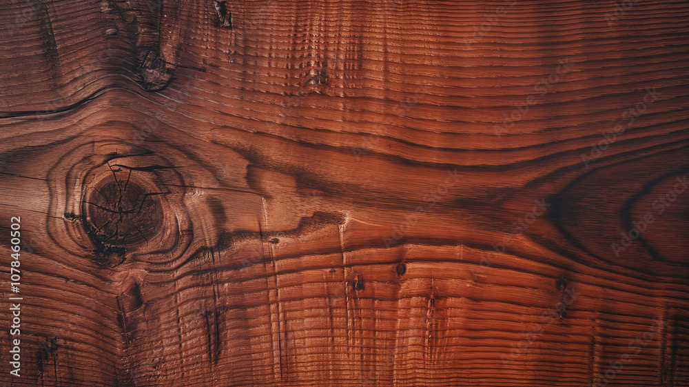 Naklejka premium Close-up of a mahogany tree cut surface with vibrant red-brown wood grain, radial growth rings, and natural cracks, perfect for backgrounds, textures, or organic design projects.