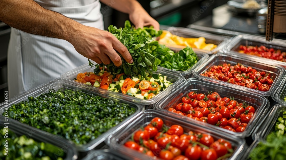 A chef in a professional kitchen is placing food into the rectangular A chef in a professional kitchen is placing food into the rectangular
