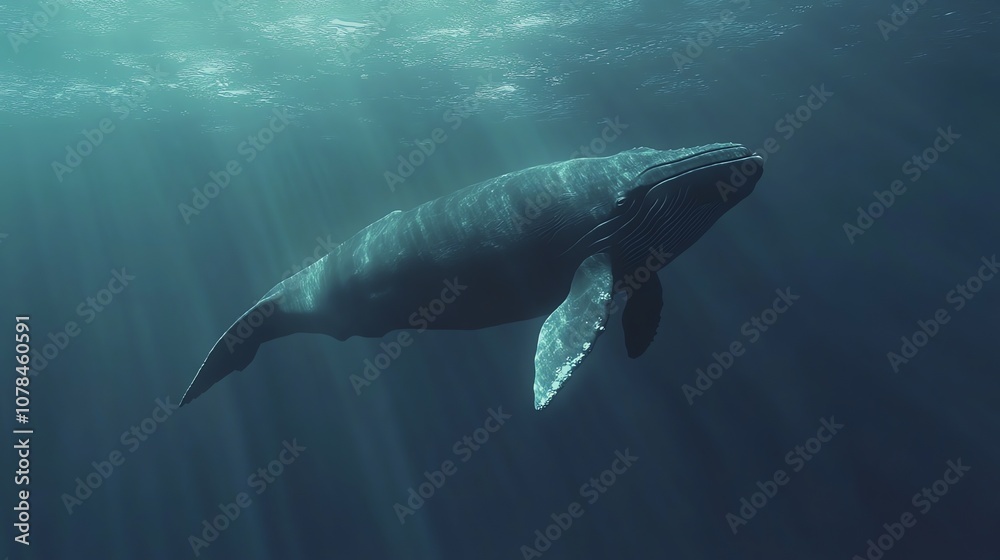 Fototapeta premium A humpback whale swims through a deep blue ocean.