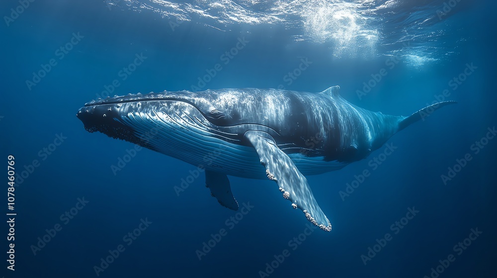 Fototapeta premium A humpback whale swims in the deep blue ocean.