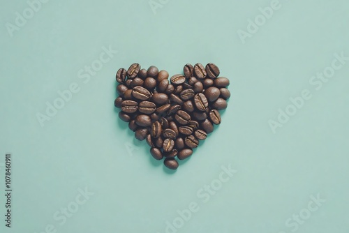 Heart Shape Created with Dark Coffee Beans on a Soft Mint Green Background Highlighting the Love for Coffee and Its Rich Aroma and Flavor