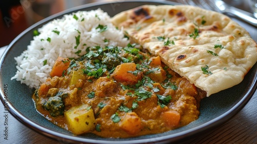 Delicious Indian Curry with Naan and Rice