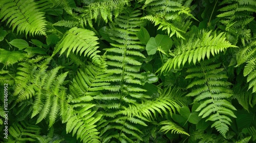 Aerial view of lush forest ferns creating a rich foliage background, perfect for nature-themed projects with ample copy space for text and designs.