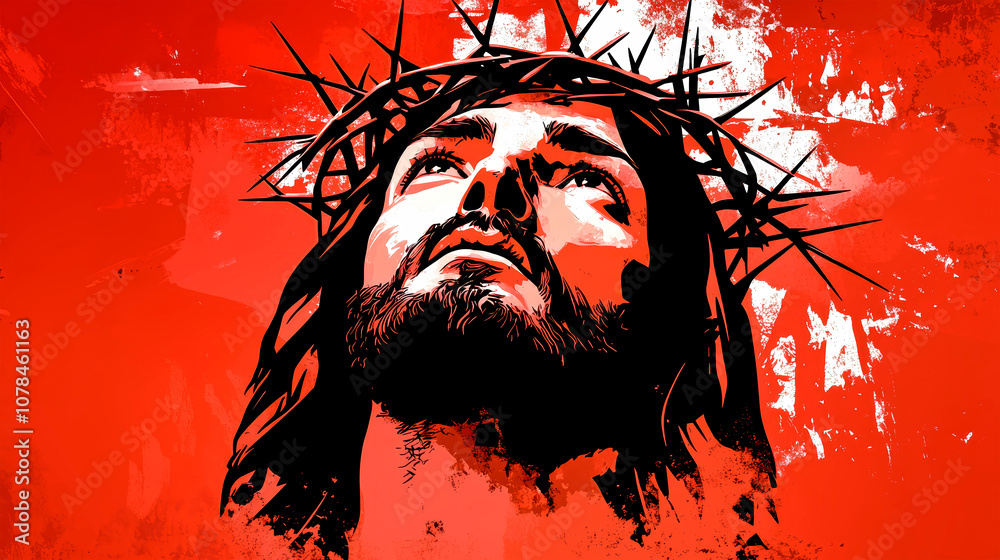 A detailed digital painting of Jesus crowned with thorns, set against a vibrant red background showcasing dynamic brush strokes and intricate textures A detailed digital painting of Jesus crowned with thorns, set against a vibrant red background showcasing dynamic brush strokes and intricate textures