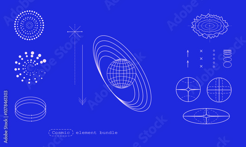 Set of vector elements in cosmic science and atomic structures over blue neon background. Planetary orbits, atomic particles, geometric diagrams. Concept of physics, astronomy, elements for design .