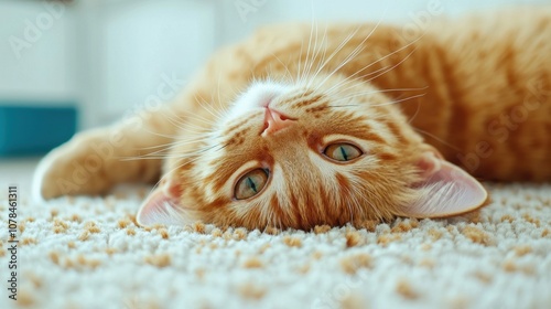 A cute orange kitten with fluffy fur sleeping on a pillow, featuring soft white and red tones, with playful eyes and a peaceful expression It embodies the charm of a domestic pet