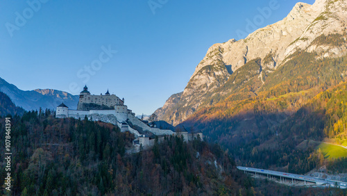 Autumn. Alps. Austria. Hallstatt. Gosausee. Medieval castle Hohenwerfen.