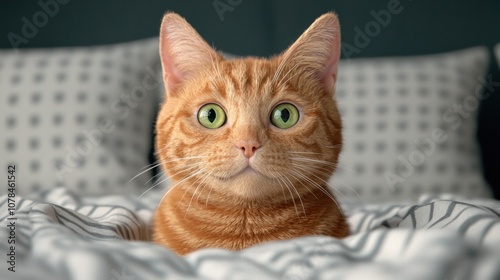 Portrait of a cute cat on a couch, with fluffy fur and beautiful eyes, featuring a mix of white, gray, and black colors