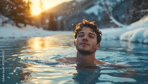 Young man swimming in the pool at sunset in the winter forest.